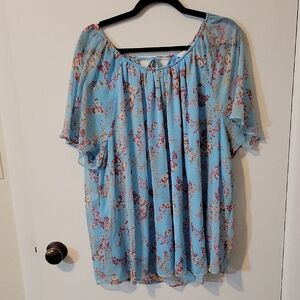 LC Lauren Conrad Blue, Red, Pink and Yellow Flutter Sleeve Blouse